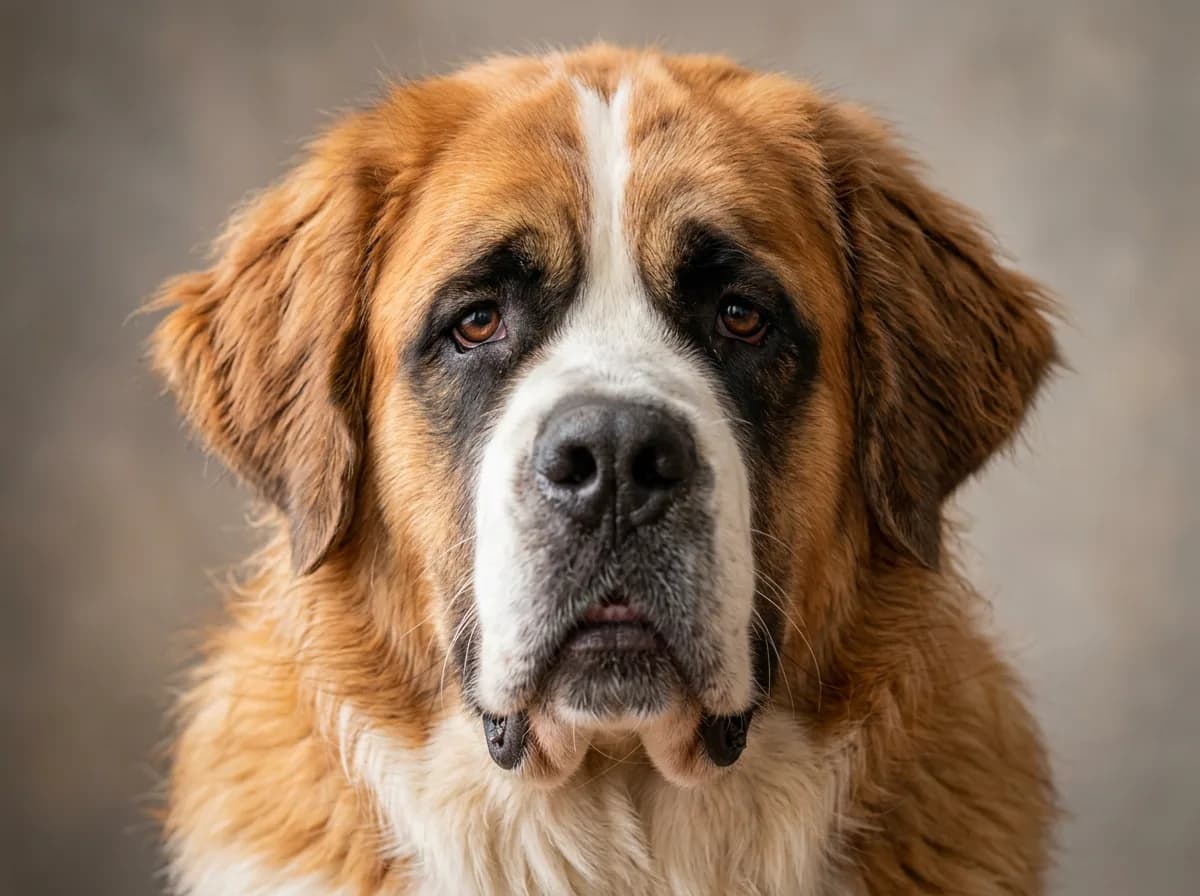 Close-up portrait of a long-haired Saint Bernard's head showing the broad skull, dark mask around the eyes, and gentle expression, neutral studio back