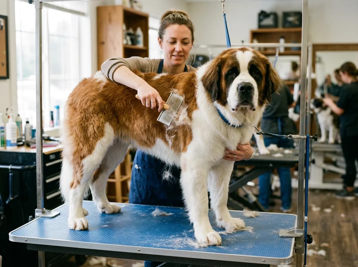 A Saint Bernard being brushed on a grooming table, loose red-and-white fur visible, owner's hands working a slicker brush through the coat