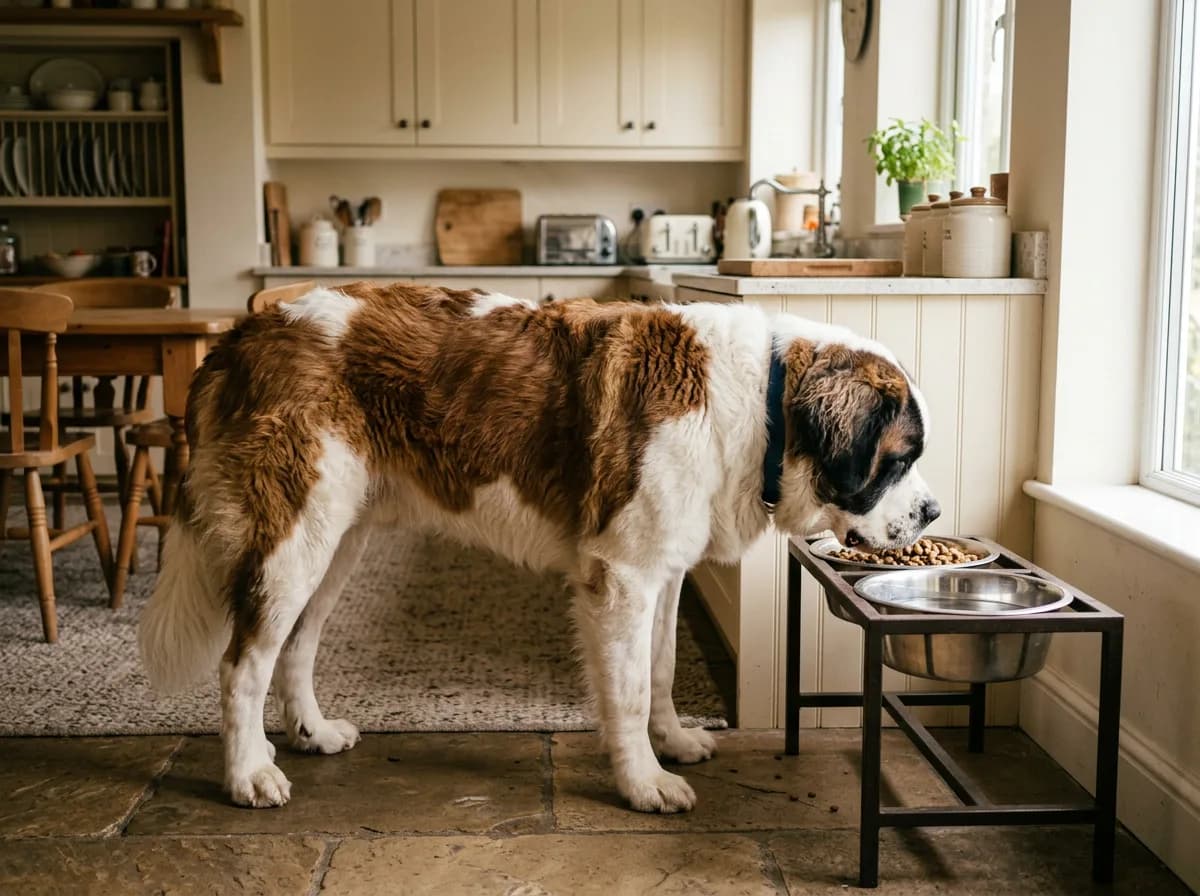 A Saint Bernard eating from a large raised stainless steel bowl in a bright kitchen, viewed from the side, calm domestic setting