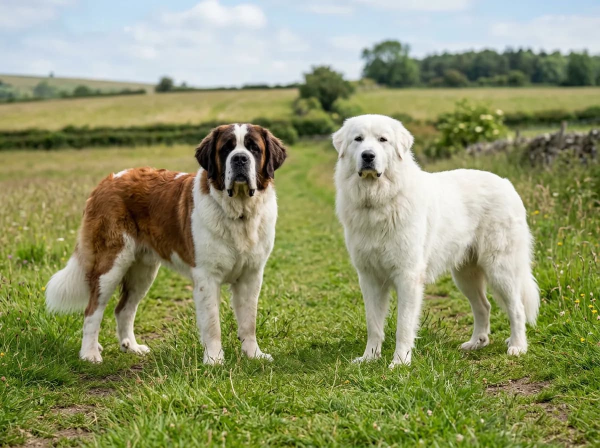 A Saint Bernard standing beside a Great Pyrenees on a grassy field for size comparison, both dogs facing the camera, clear daylight