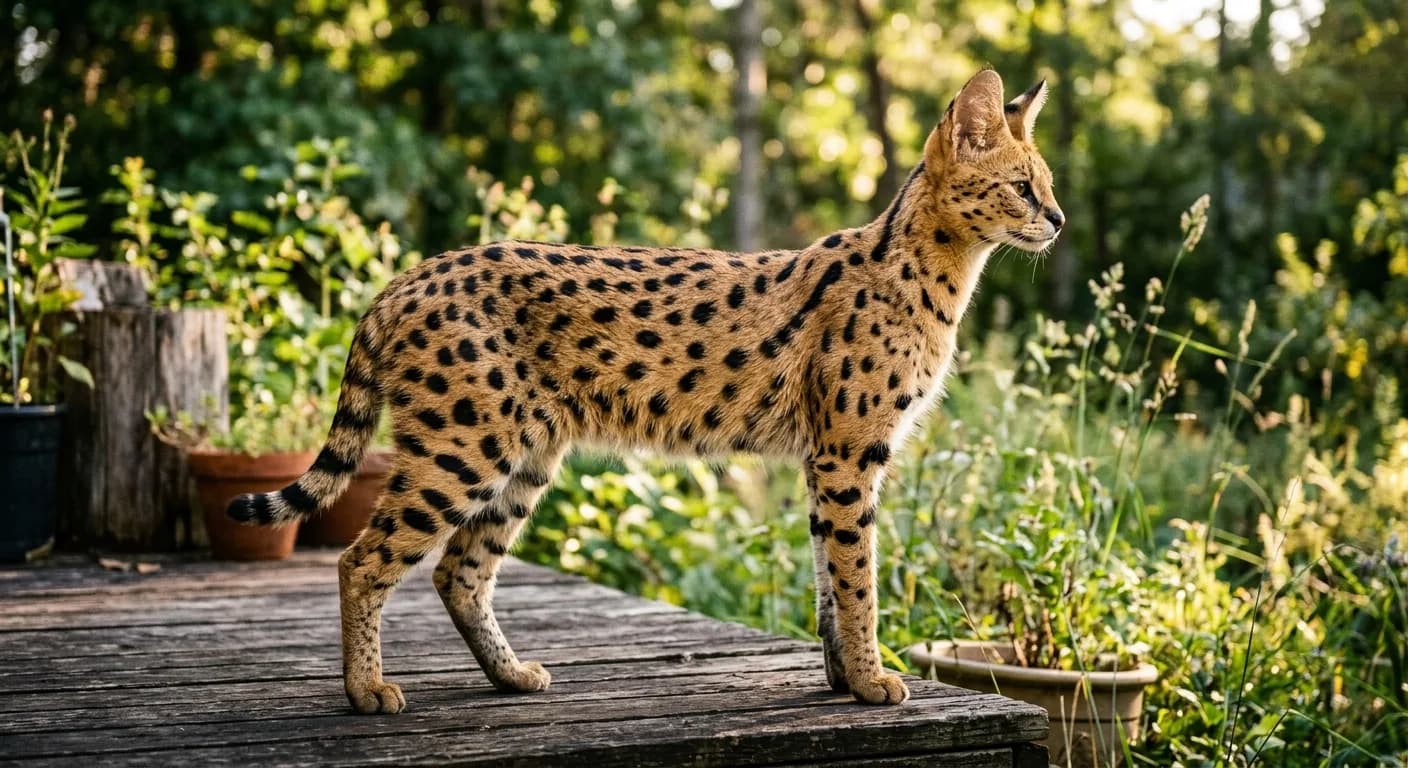 Tall, lean, long-legged spotted Savannah cat standing in profile with very large upright ears and bold dark spots on a golden coat, closely resembling its wild serval ancestor