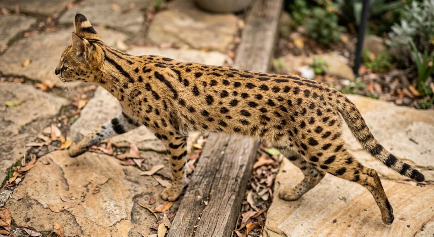Overhead view of a Savannah cat's short golden coat covered in bold, solid dark brown spots, showing the lean elongated back and long legs of the wild-looking spotted breed