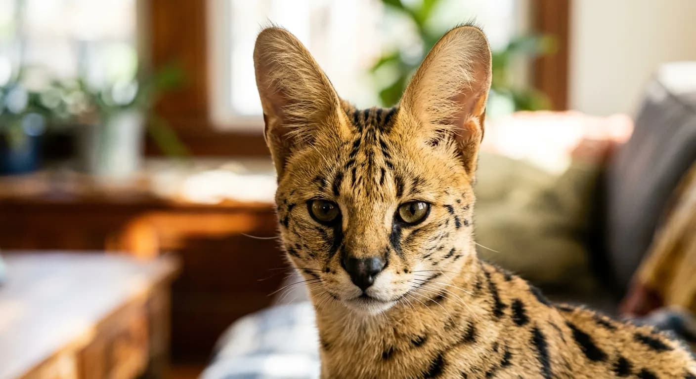 Close-up head study of a Savannah cat showing its very large upright ears, slightly triangular head, expressive eyes and bold dark facial markings on a golden coat, with no human face in frame