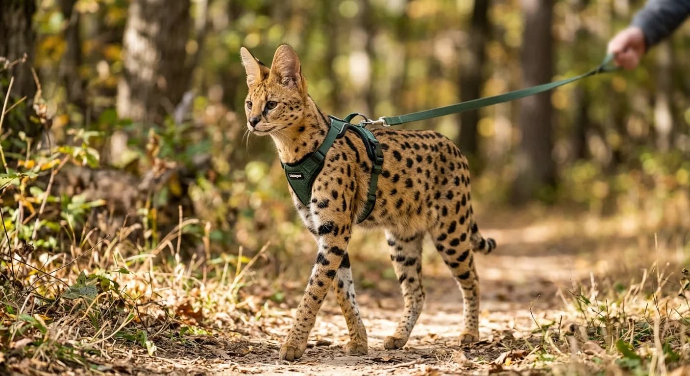Tall, long-legged spotted Savannah cat walking outdoors on a harness and leash, body lean and ears large and upright, demonstrating the breed's dog-like trainability