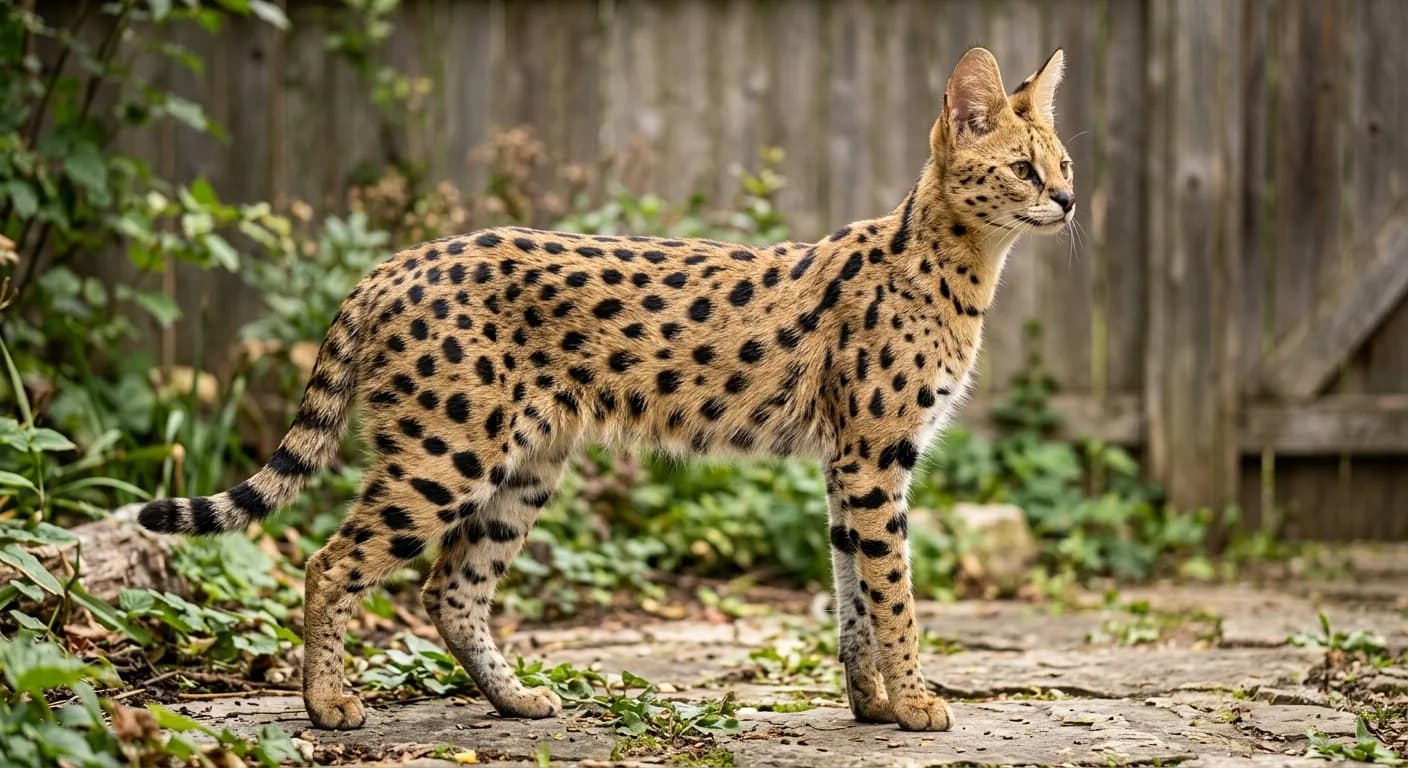 Full-body side view of a tall, slender Savannah cat with very long legs and an elongated spotted body, standing alert with large ears erect, illustrating the breed's height