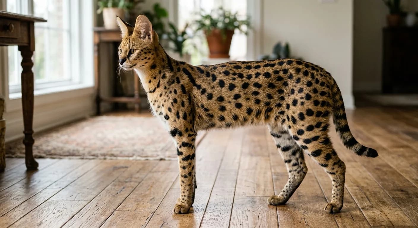 A tall lean F1 Savannah cat with bold black spotting, large upright ears, and long serval-like legs standing in profile on a wood floor