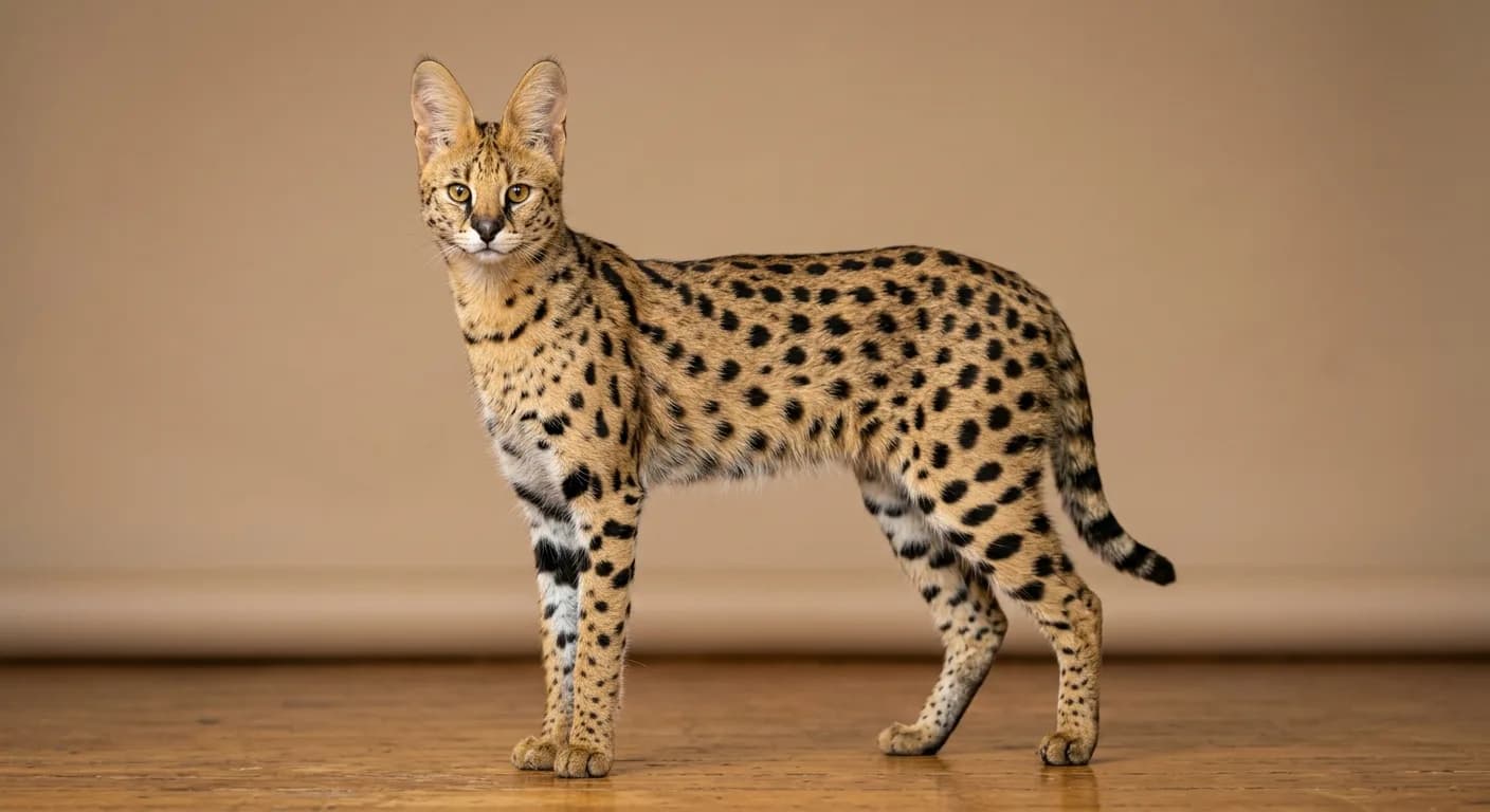 Tall, lean spotted Savannah cat with very large ears and long legs standing alert against a plain studio background, resembling its wild serval ancestor