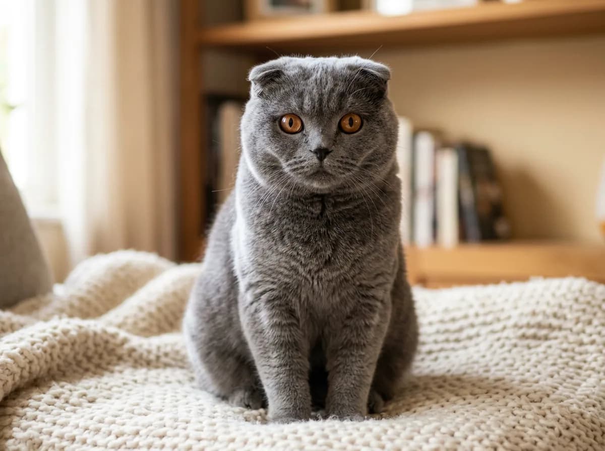 Blue-gray Scottish Fold cat with tightly folded ears and large round copper eyes sitting upright on a cream knit blanket