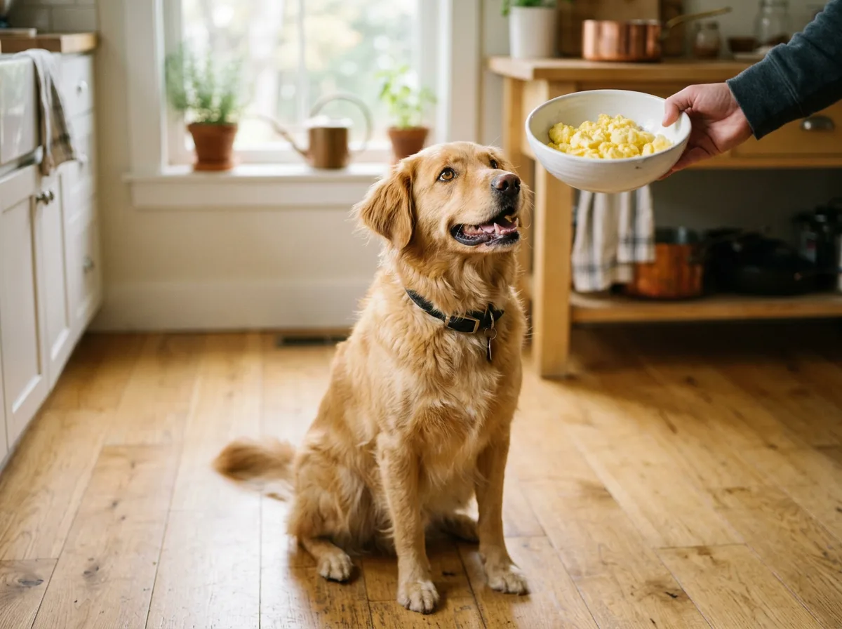 Dog looking up at a bowl of plain scrambled eggs, illustrating whether dogs can eat scrambled eggs