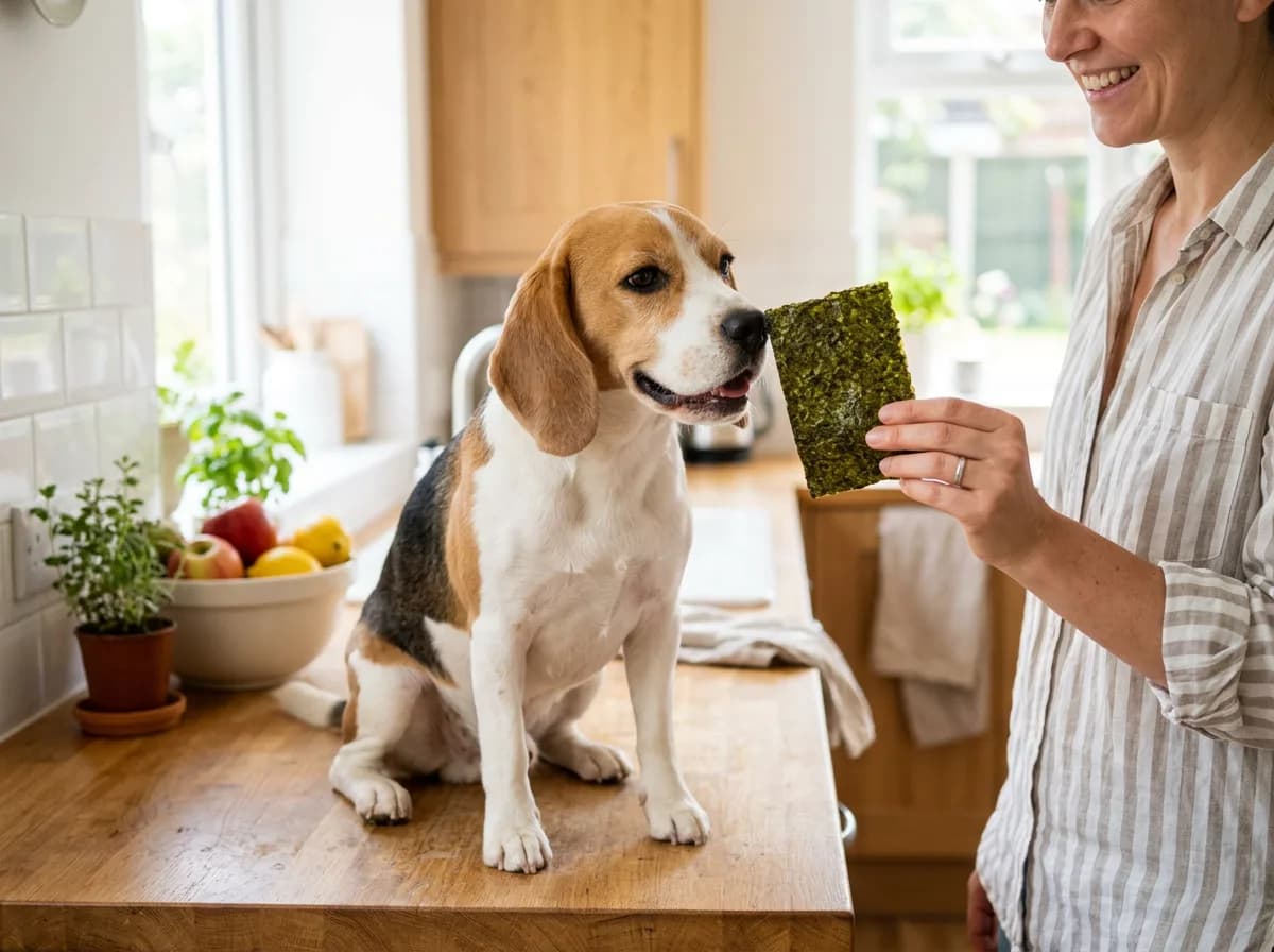 Can dogs eat seaweed: a beagle sniffing a plain dried nori seaweed sheet held by its owner