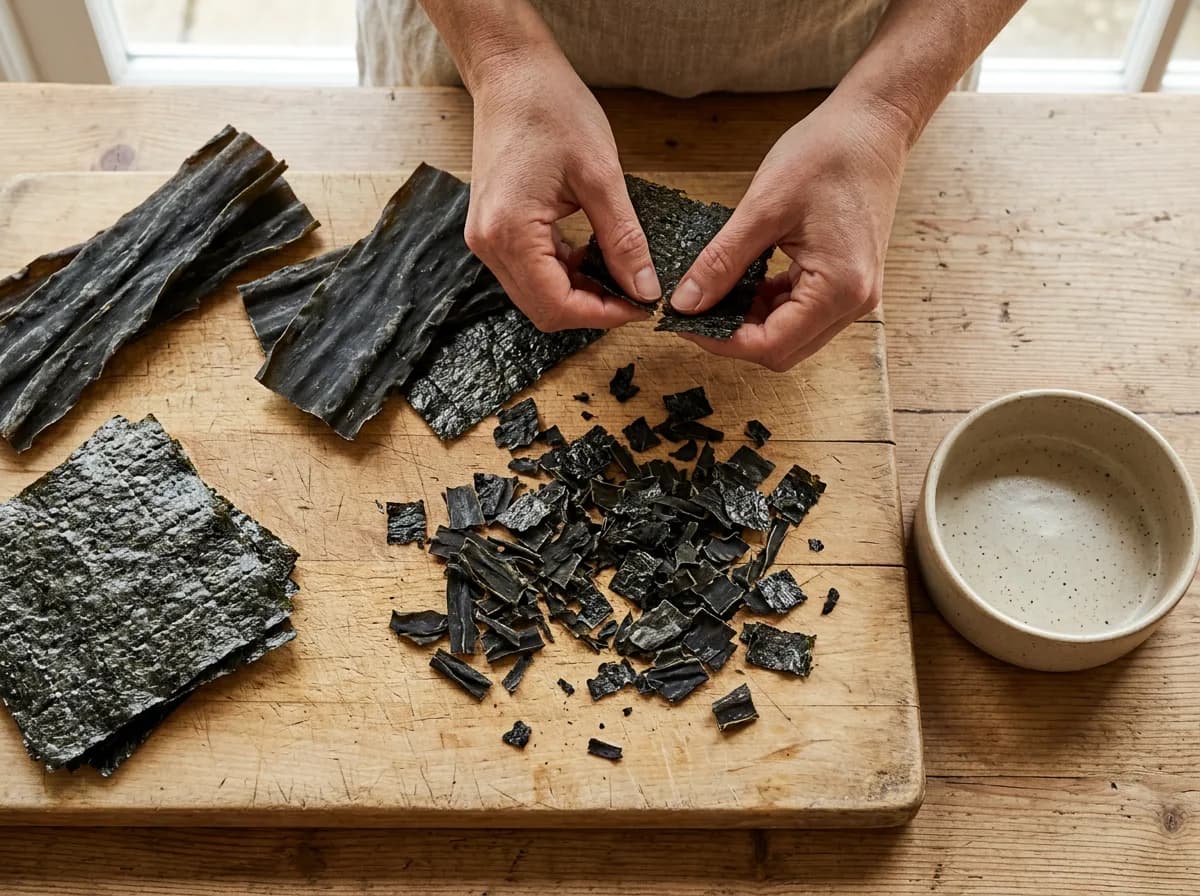 Plain dried nori and kelp seaweed torn into small pieces for a dog, with no added salt or seasoning