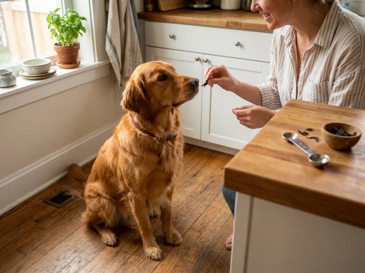 A golden retriever being given a small measured portion of plain dried seaweed as an occasional treat