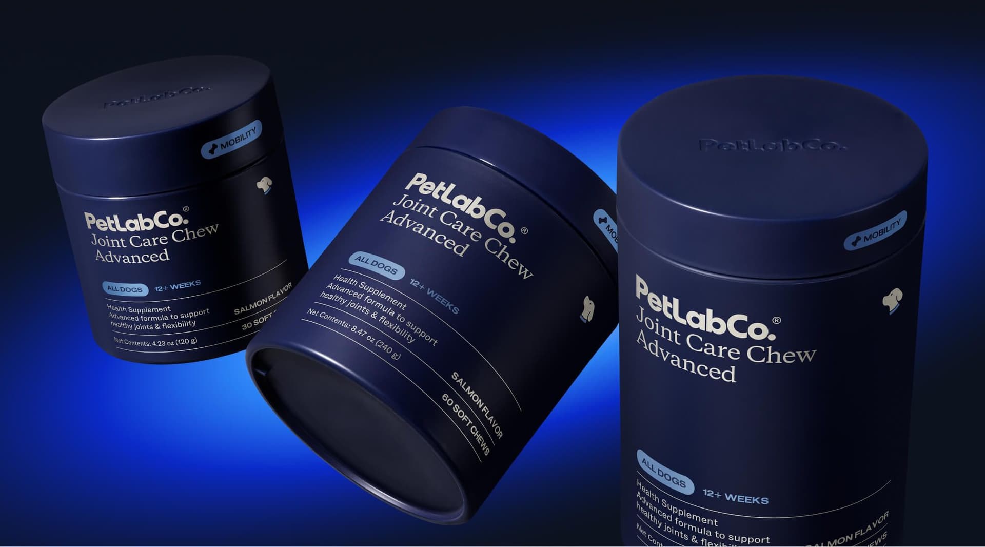 PetLabCo.® Joint Care Chew Advanced tubs in three sizes