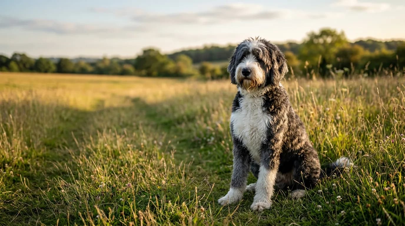 Healthy adult Sheepadoodle sitting in tall meadow grass at golden hour