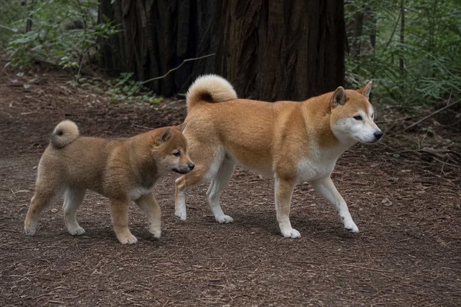 Red Shiba Inu puppy walking beside a mature red Shiba Inu on a forest trail