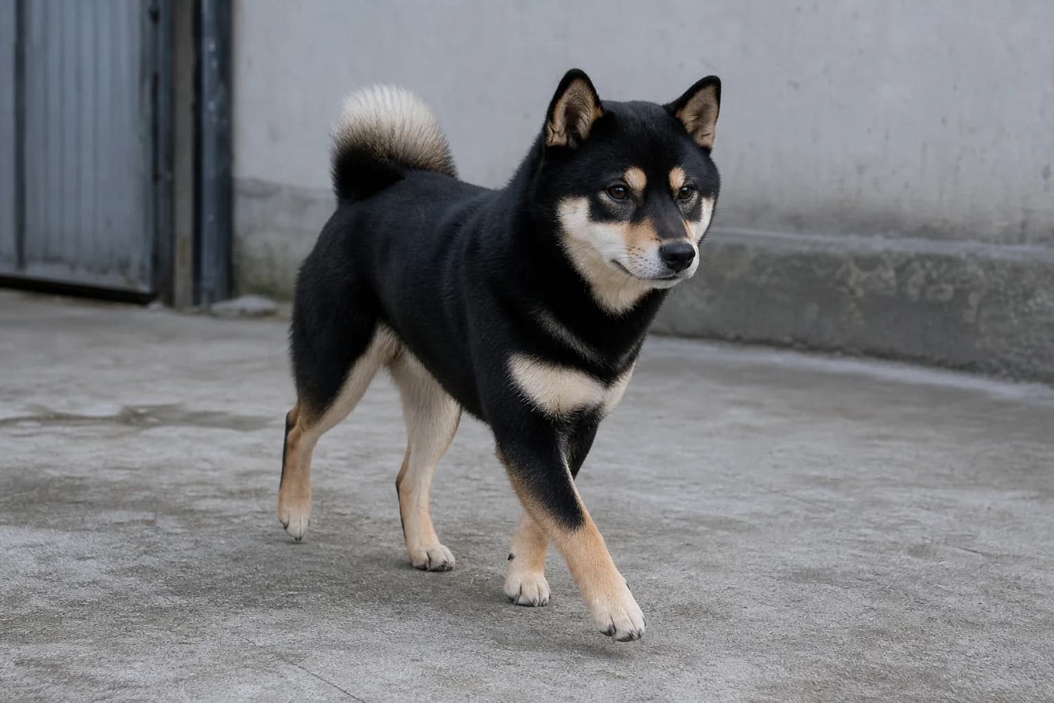 Black-and-tan Shiba Inu crossing a concrete courtyard in open shade