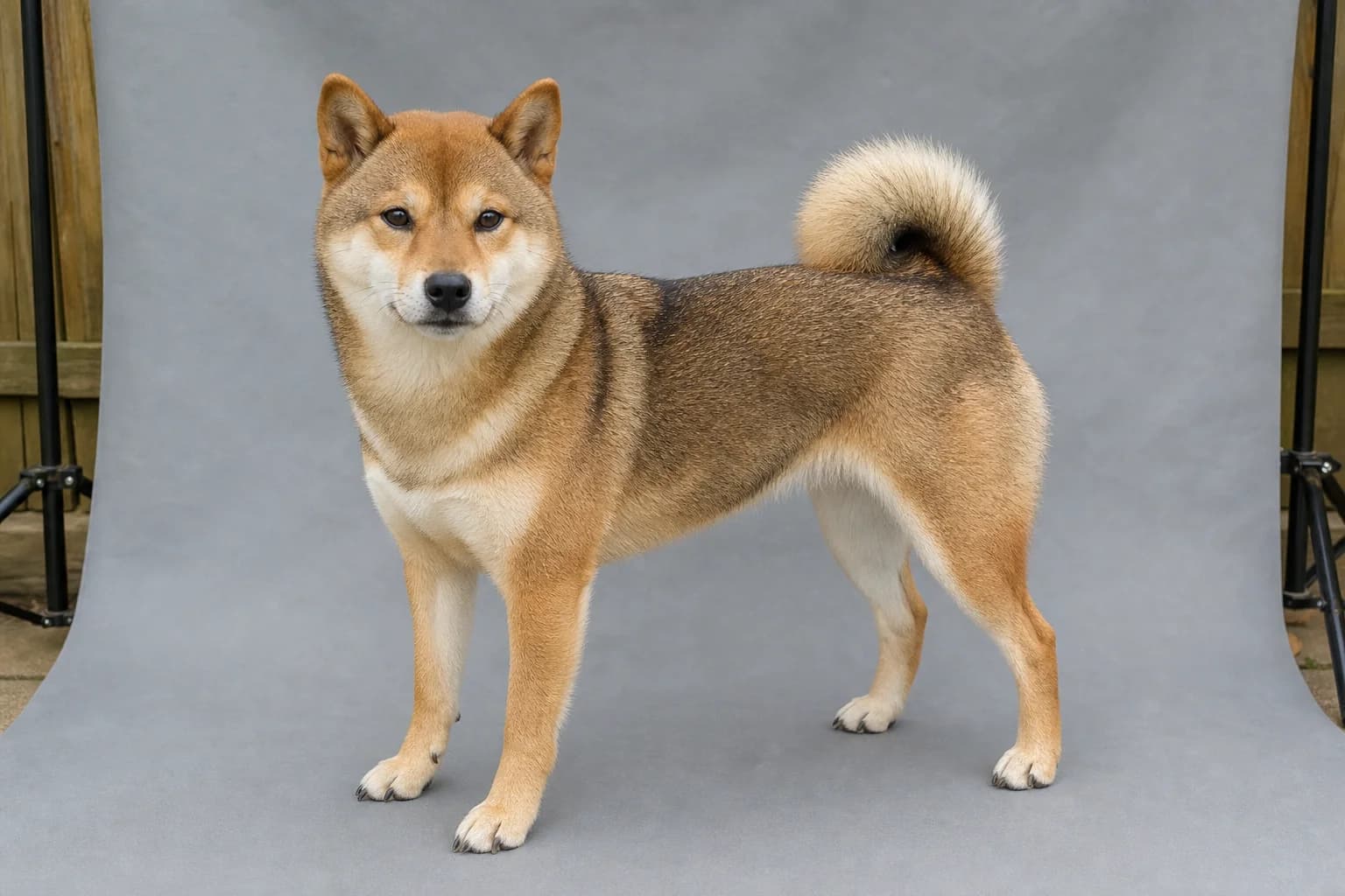 Sesame Shiba Inu standing against a plain gray breed-record backdrop