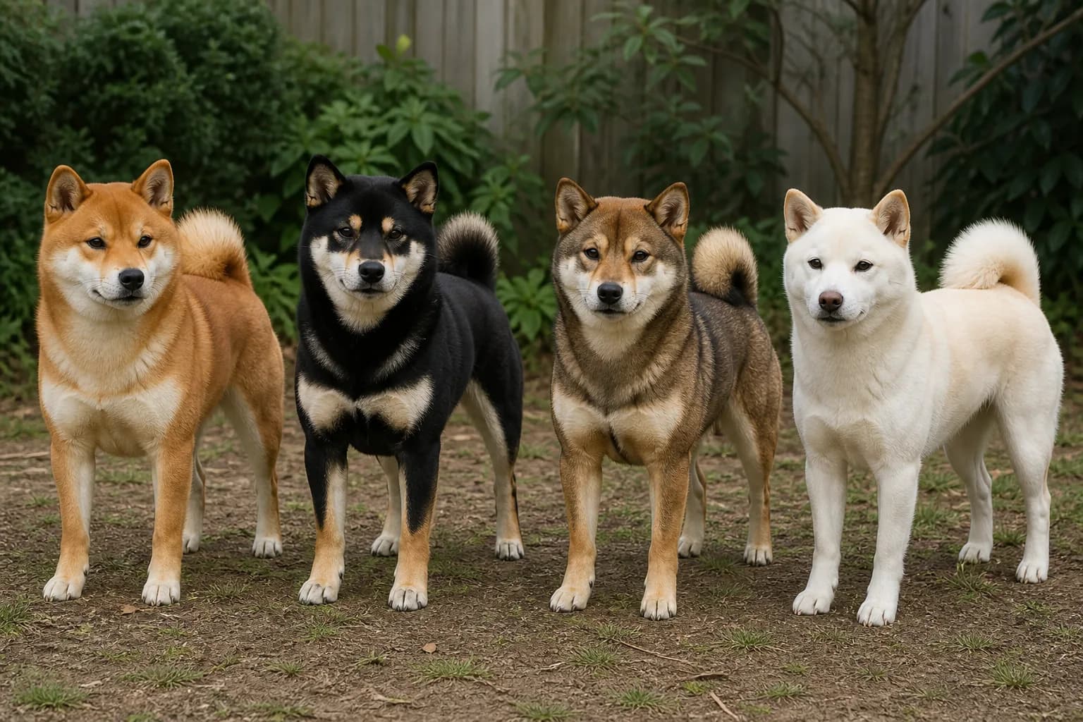 Red, black-and-tan, sesame, and cream Shiba Inus standing together in neutral daylight