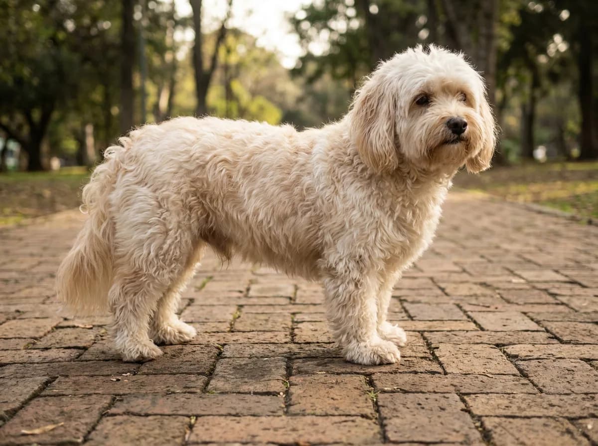 Cream wavy-coated small dog standing broadside on a brick path