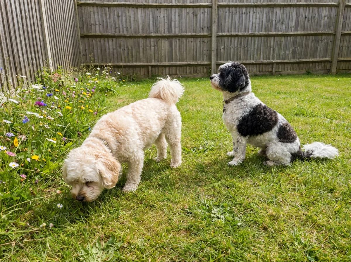 Cream dog sniffing a lawn near a seated black-and-white small dog