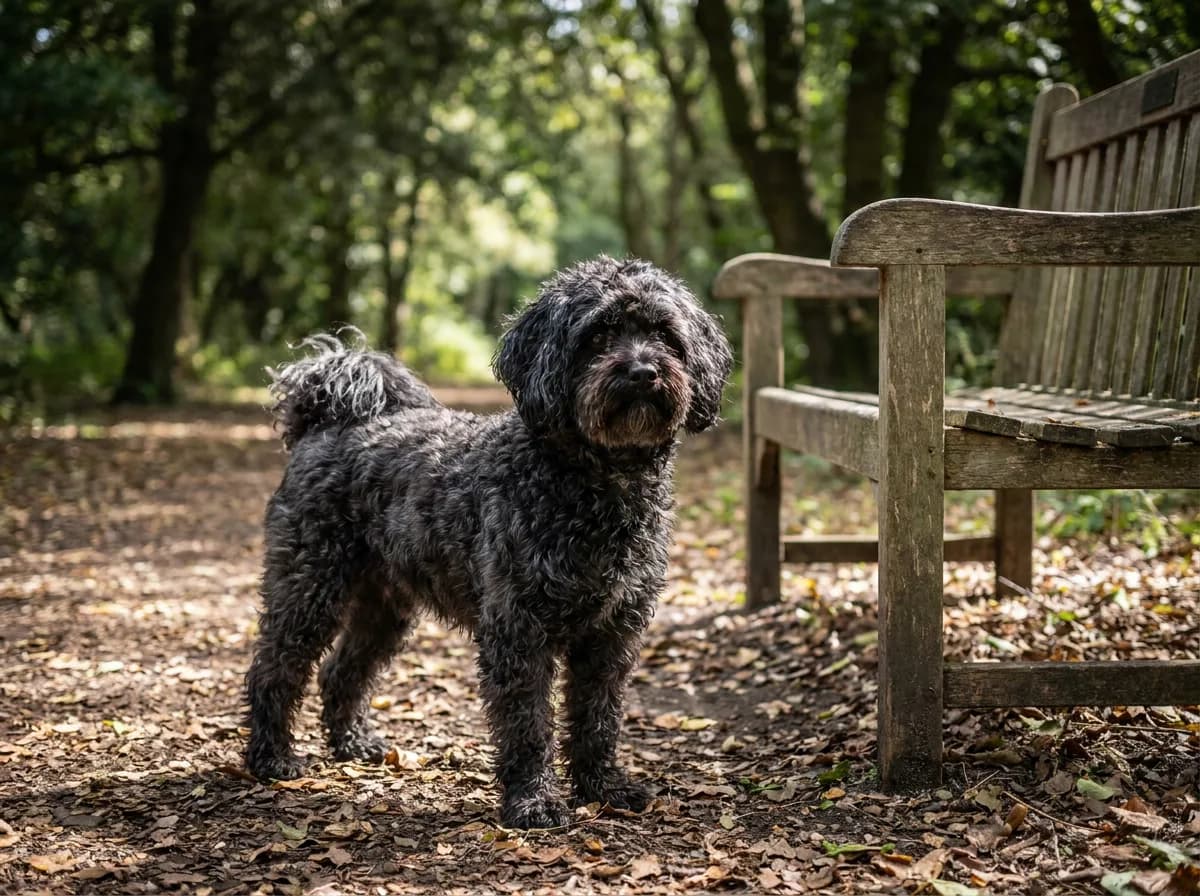 Black wavy-coated small dog standing beside a wooden park bench