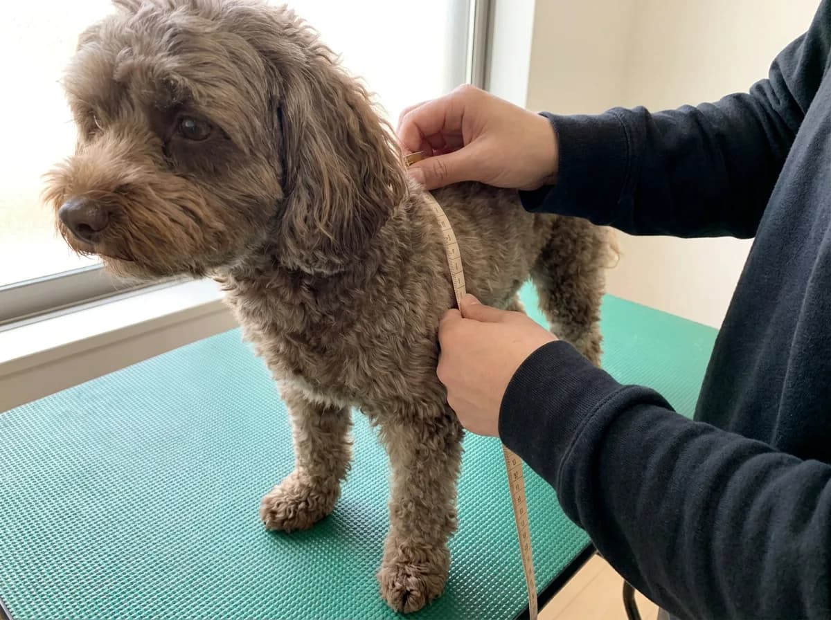 Person holding a flexible measuring tape around a brown small dog on a green mat