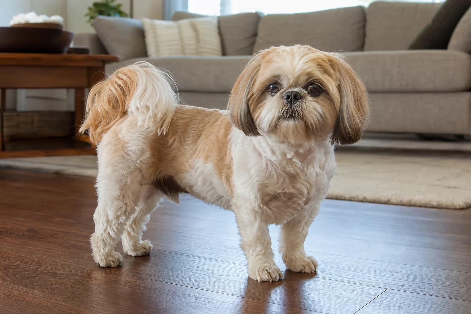 Gold and white adult Shih Tzu standing alert in a bright lived-in home