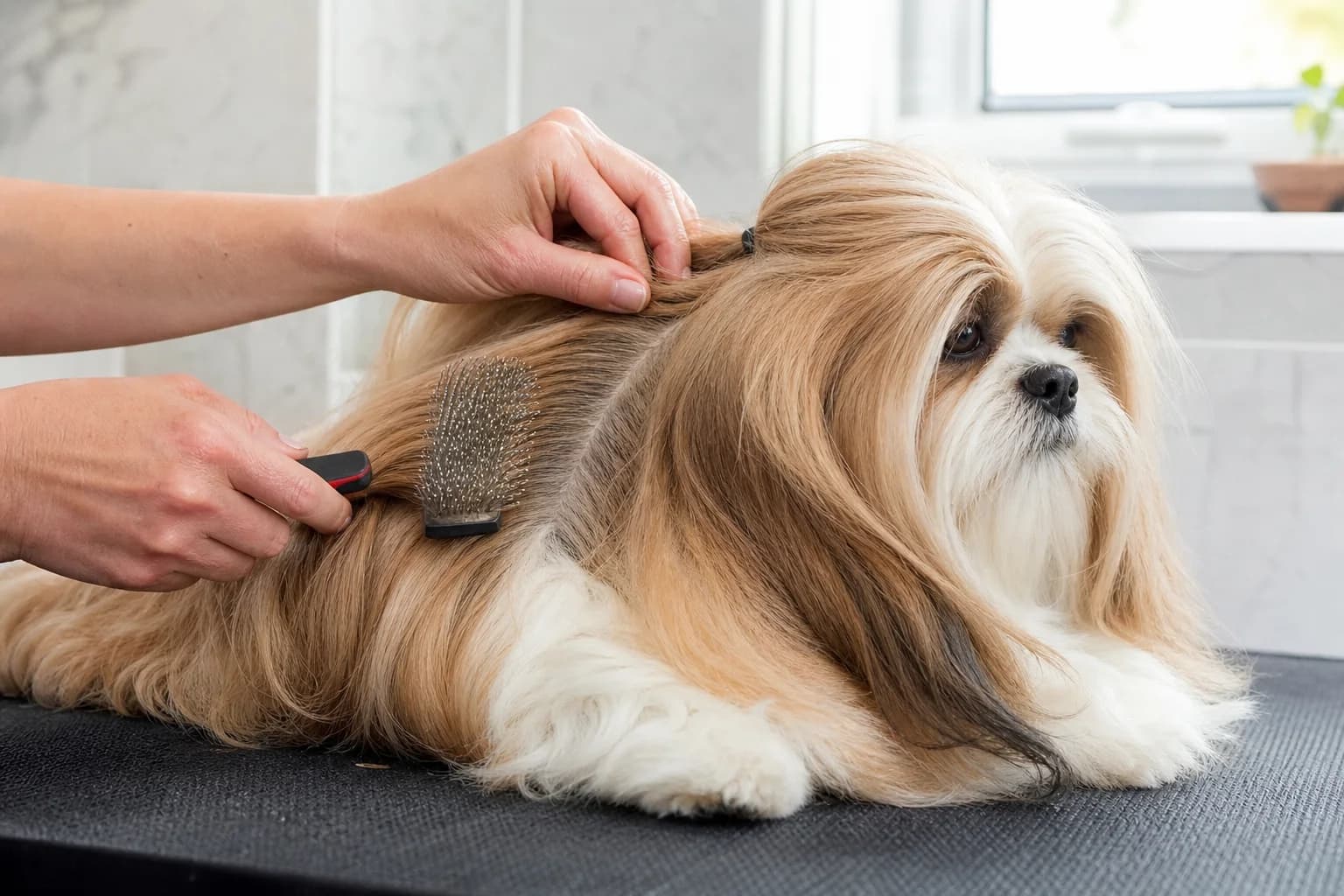 Long-coated Shih Tzu receiving gentle line brushing with a pin brush at home