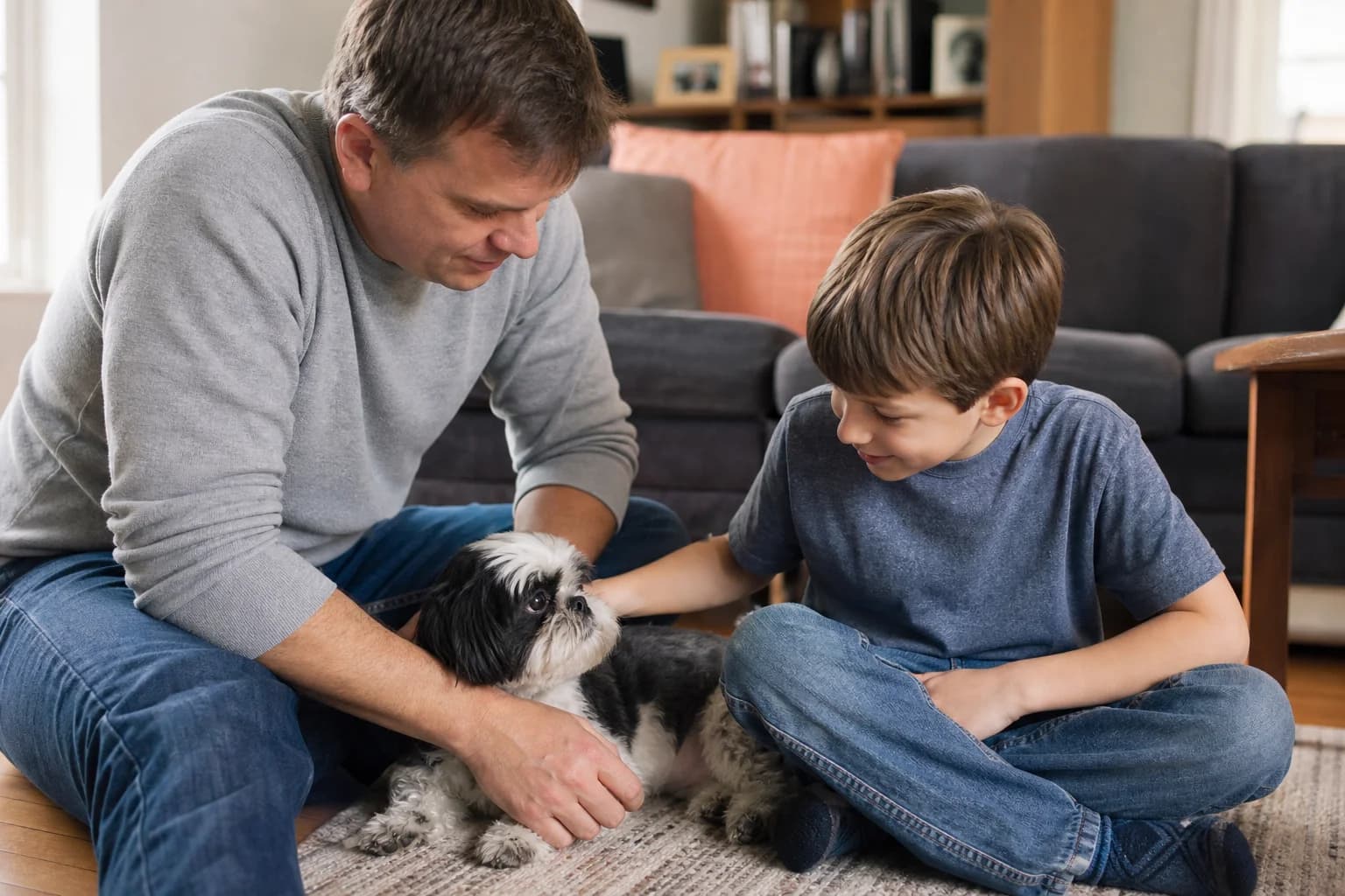 Relaxed Shih Tzu sharing a calm supervised moment with an adult and school-age child