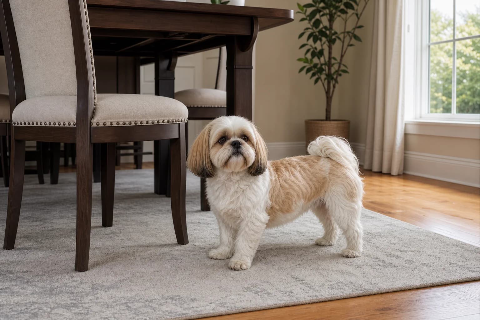 Adult Shih Tzu beside a standard dining chair to show honest small-dog scale