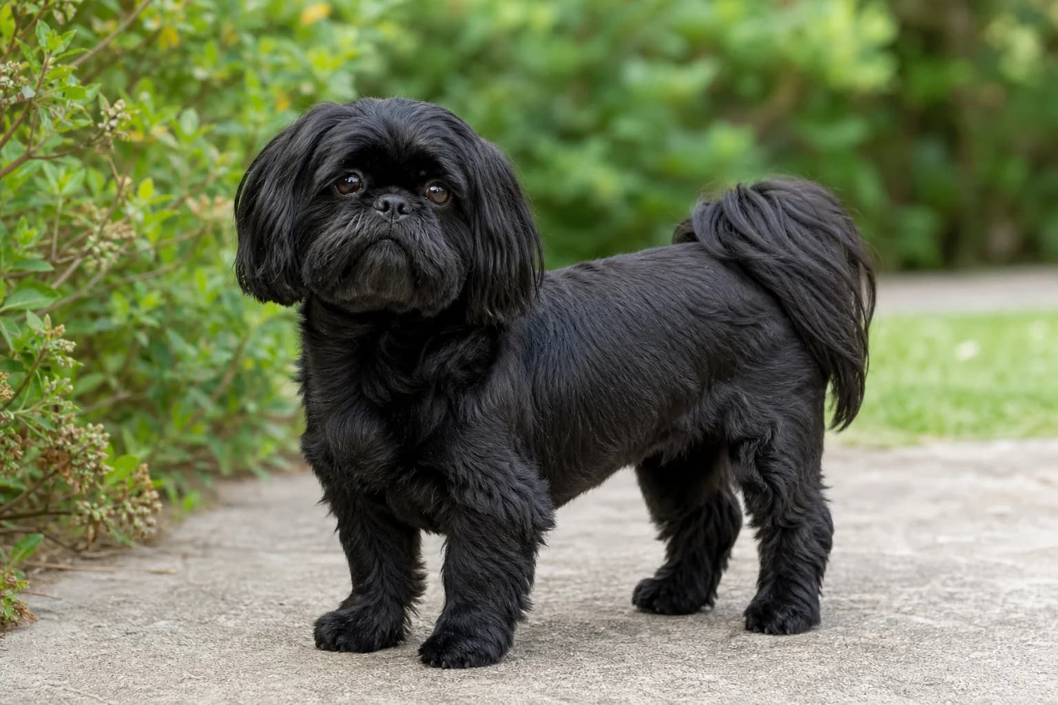 Solid black adult Shih Tzu with visible dark nose lips and eye rims in soft daylight