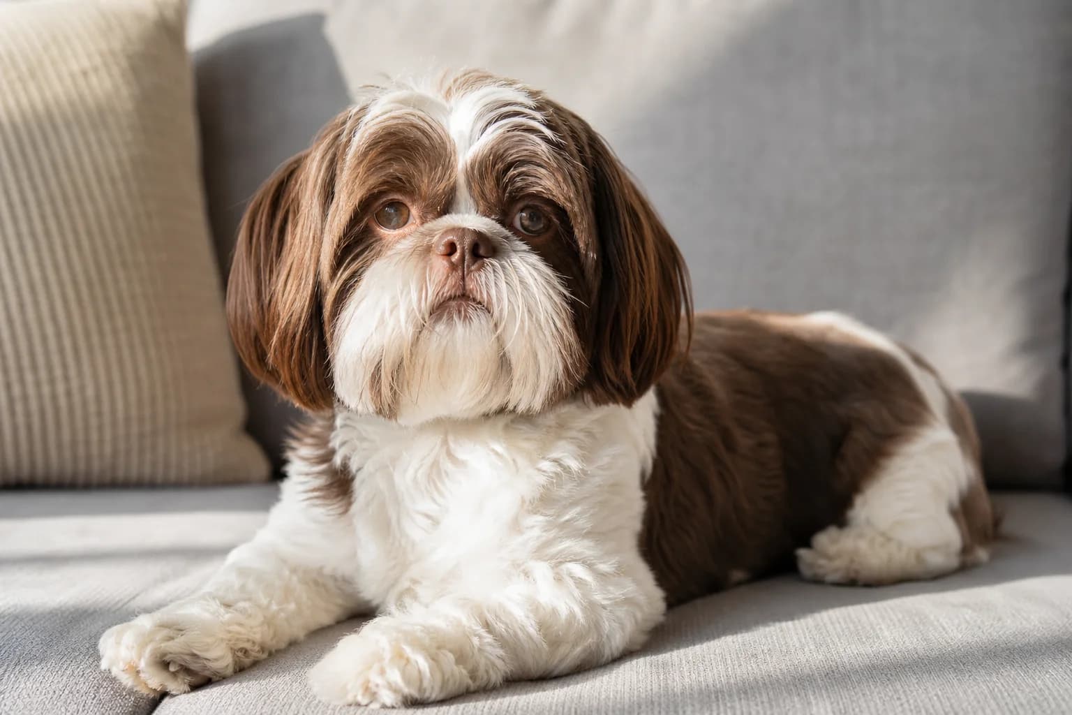 Liver adult Shih Tzu with brown nose and lighter eye-rim pigment in neutral daylight