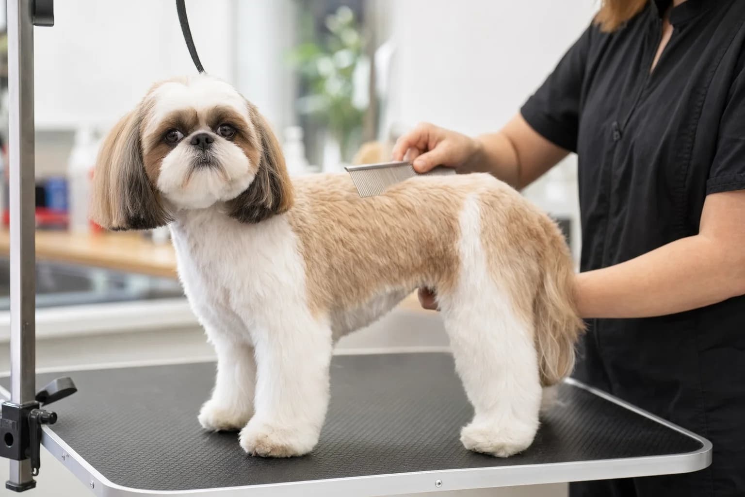 Professionally groomed Shih Tzu with a practical puppy cut standing calmly at a salon station