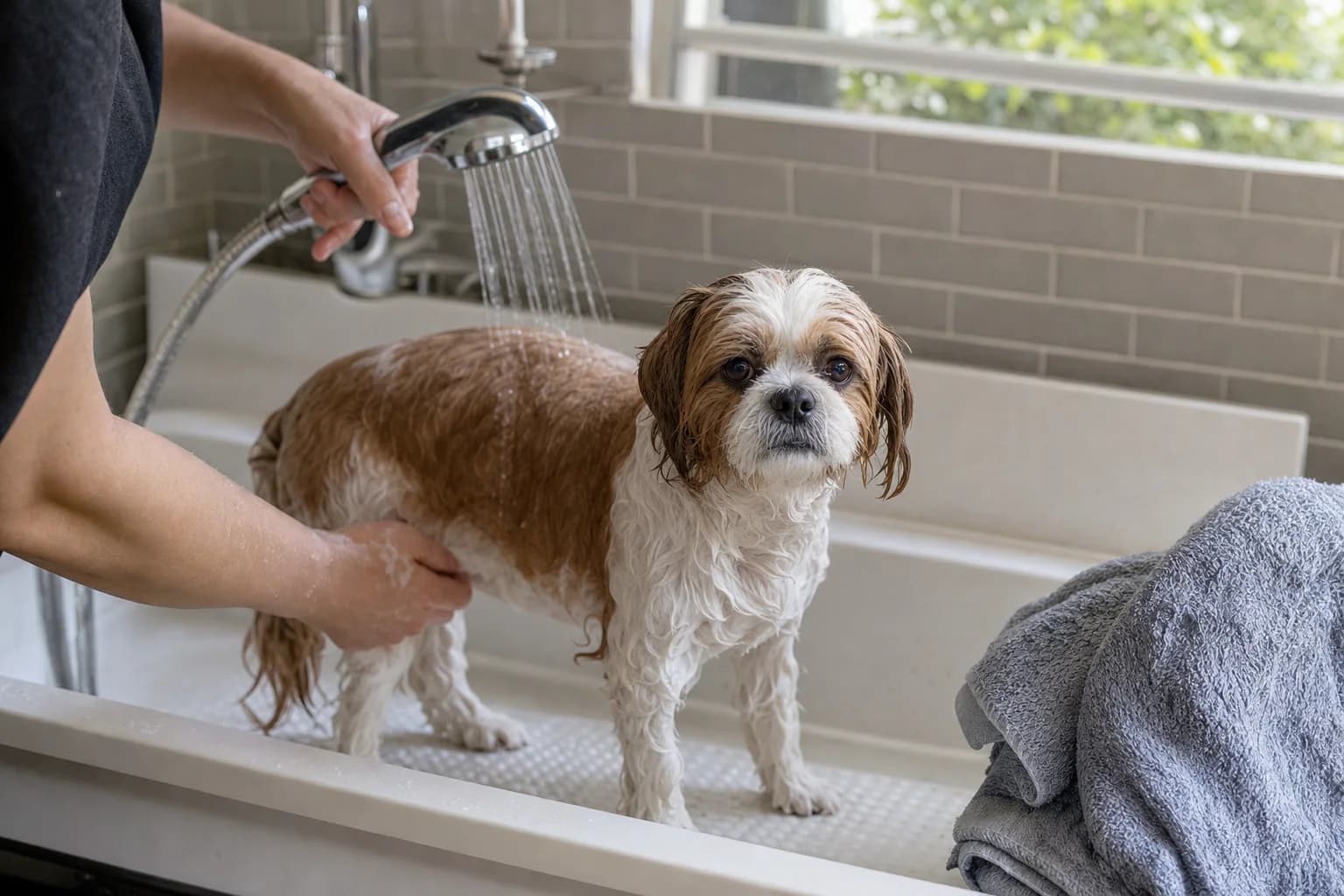Supported Shih Tzu bath on a nonslip mat with gentle towel blotting and no tangled rubbing