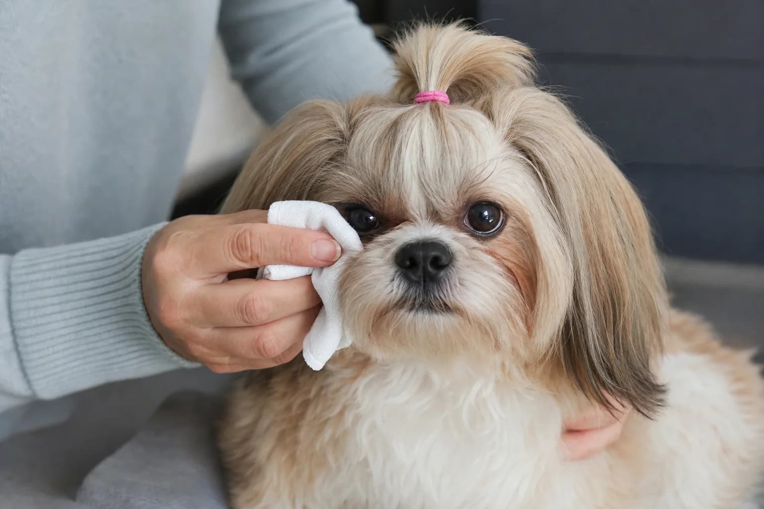 Shih Tzu receiving a gentle face wipe with both eyes fully visible and hair safely secured