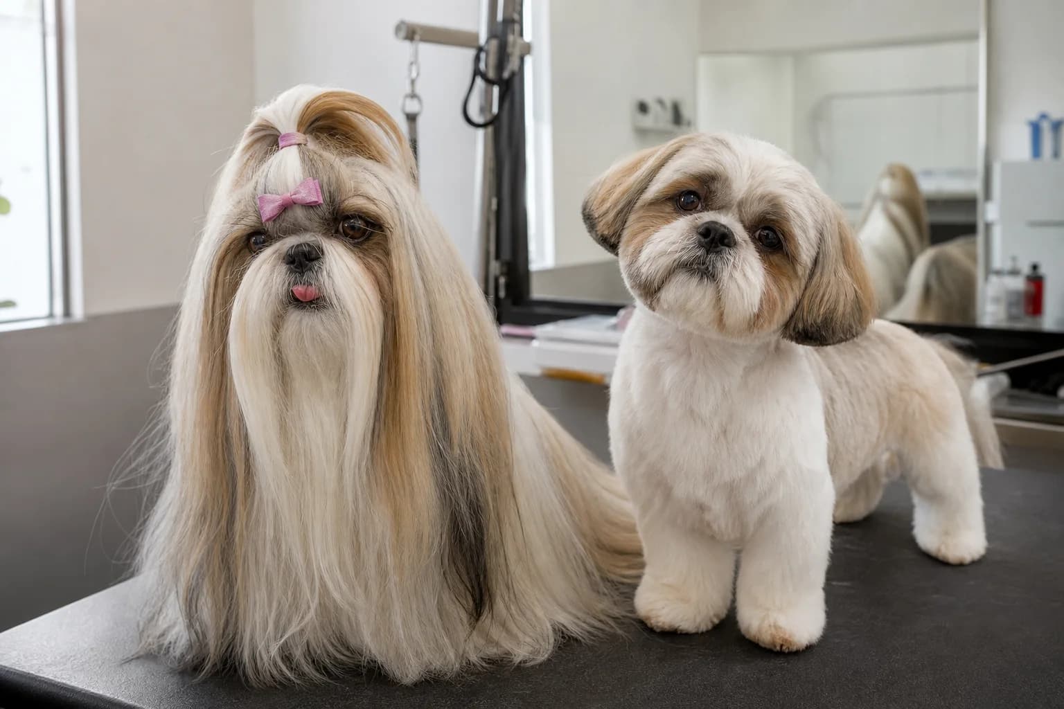 Two adult Shih Tzus side by side at a salon one in long coat and one in a practical puppy cut