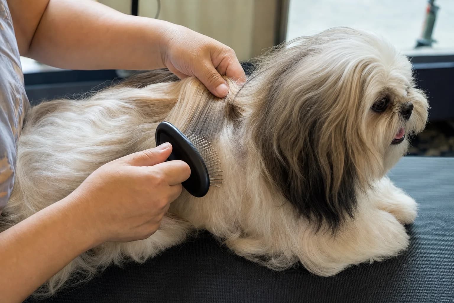 Close view of gentle line brushing that reaches a Shih Tzu coat to the skin without pulling