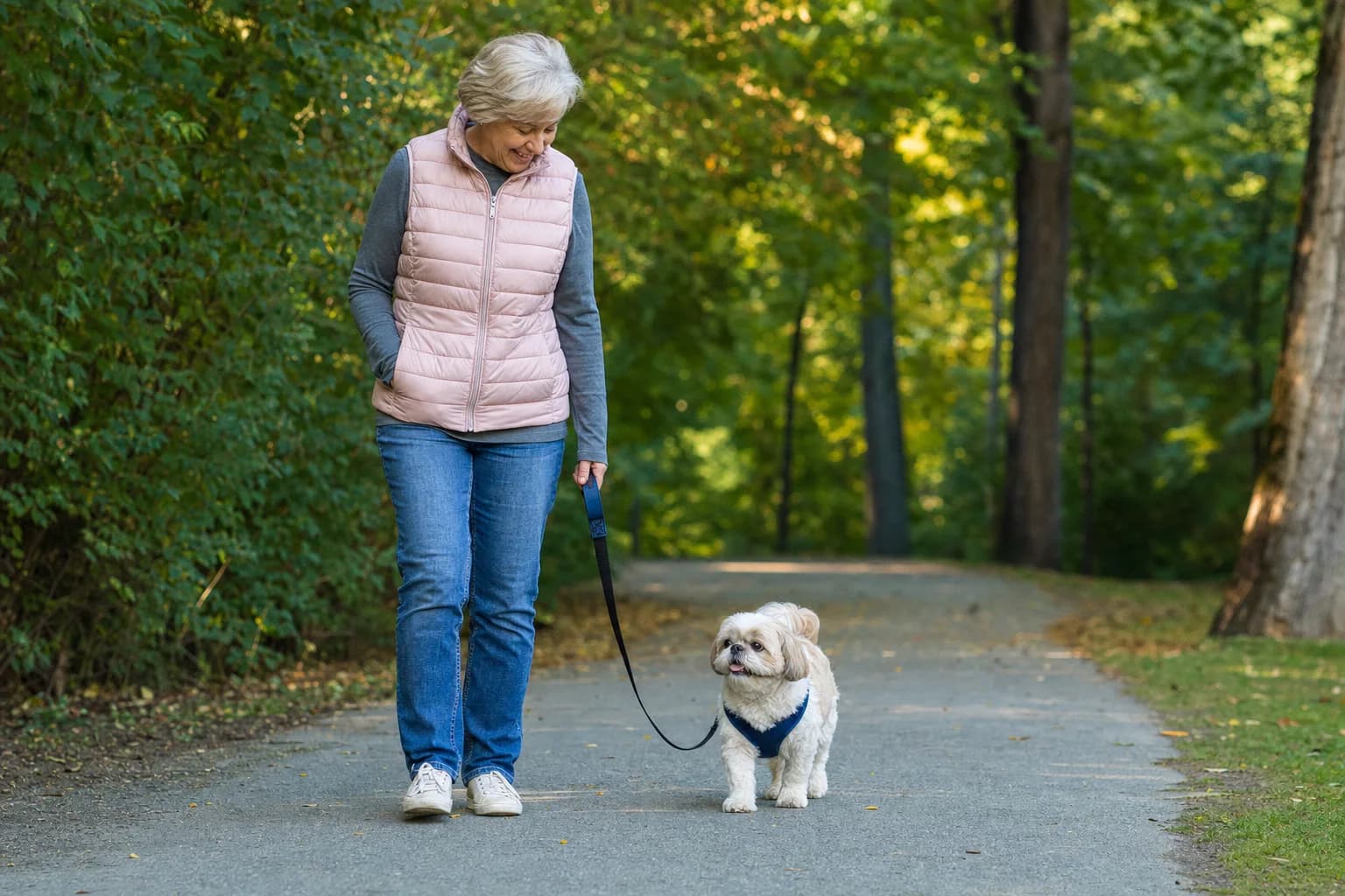 Bright-eyed senior Shih Tzu walking comfortably with an older owner on a cool morning