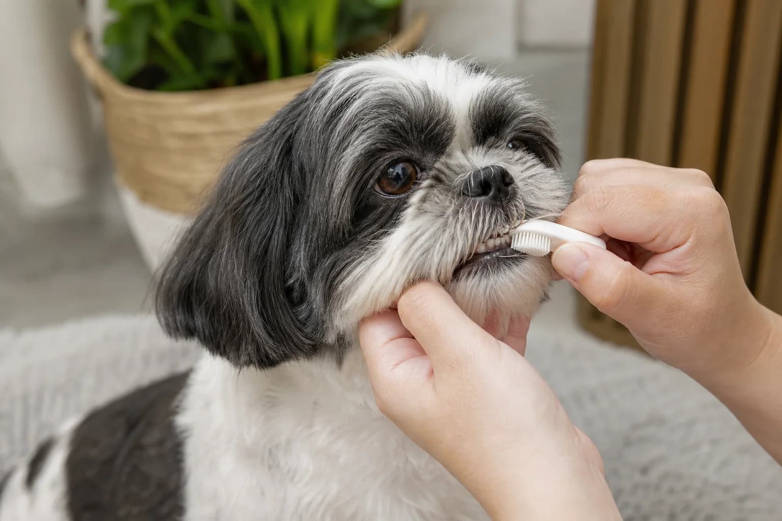 Cooperative adult Shih Tzu having its outer teeth gently brushed at home