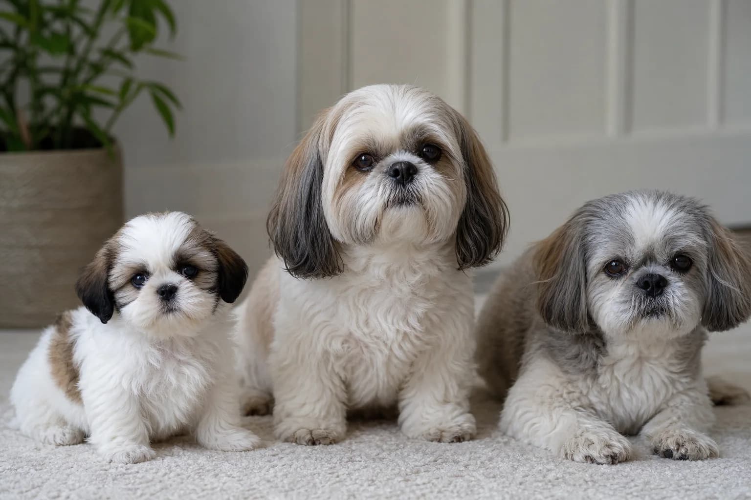 Puppy adult and senior Shih Tzus shown as distinct life stages in one natural home setting