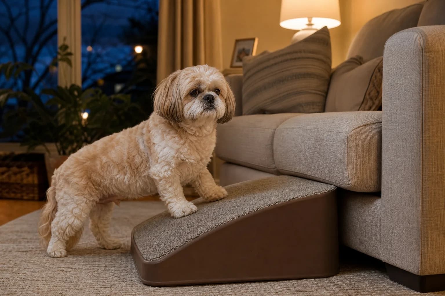 Senior Shih Tzu comfortably using a low nonslip step beside a sofa