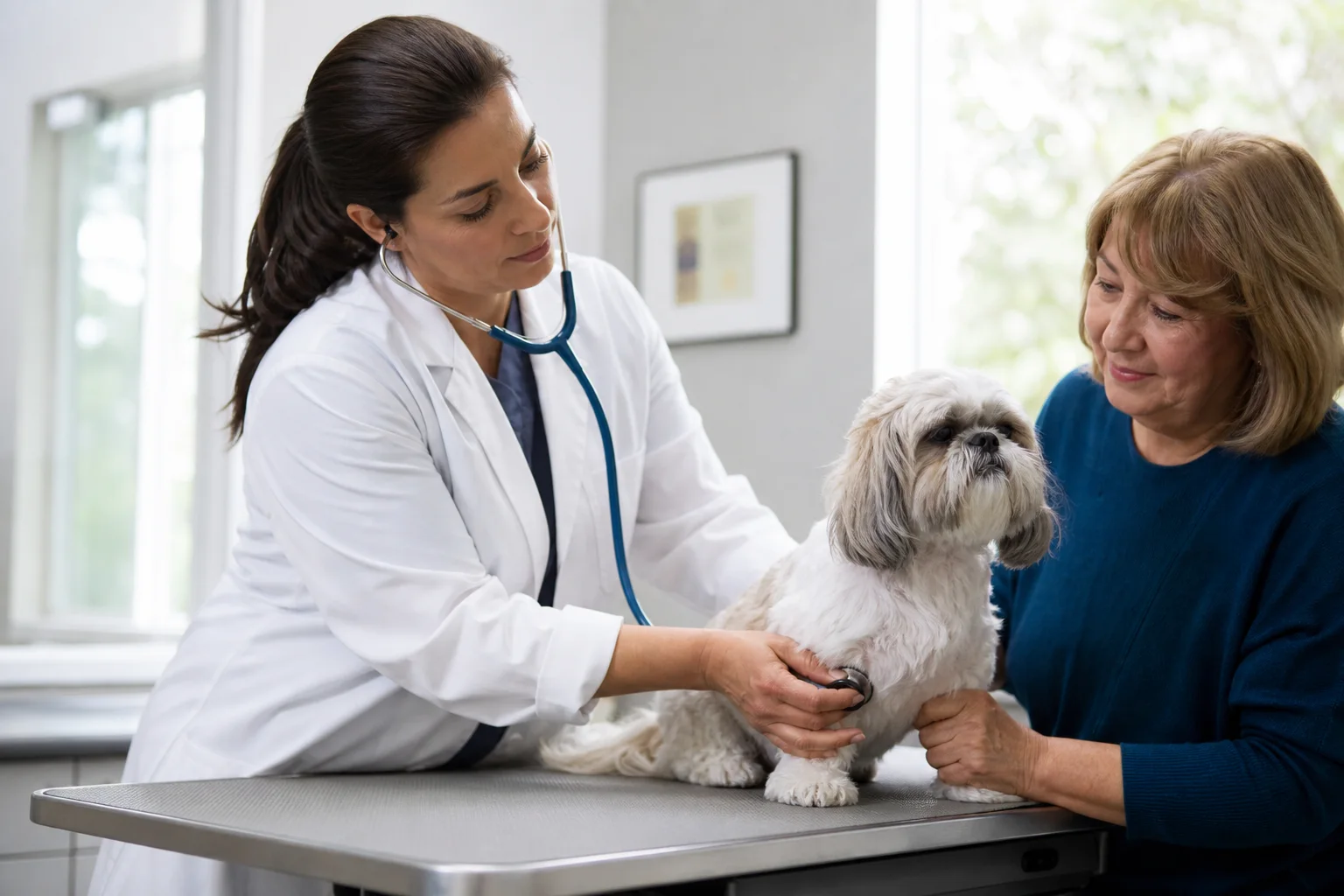 Senior Shih Tzu receiving a calm wellness examination with its owner present