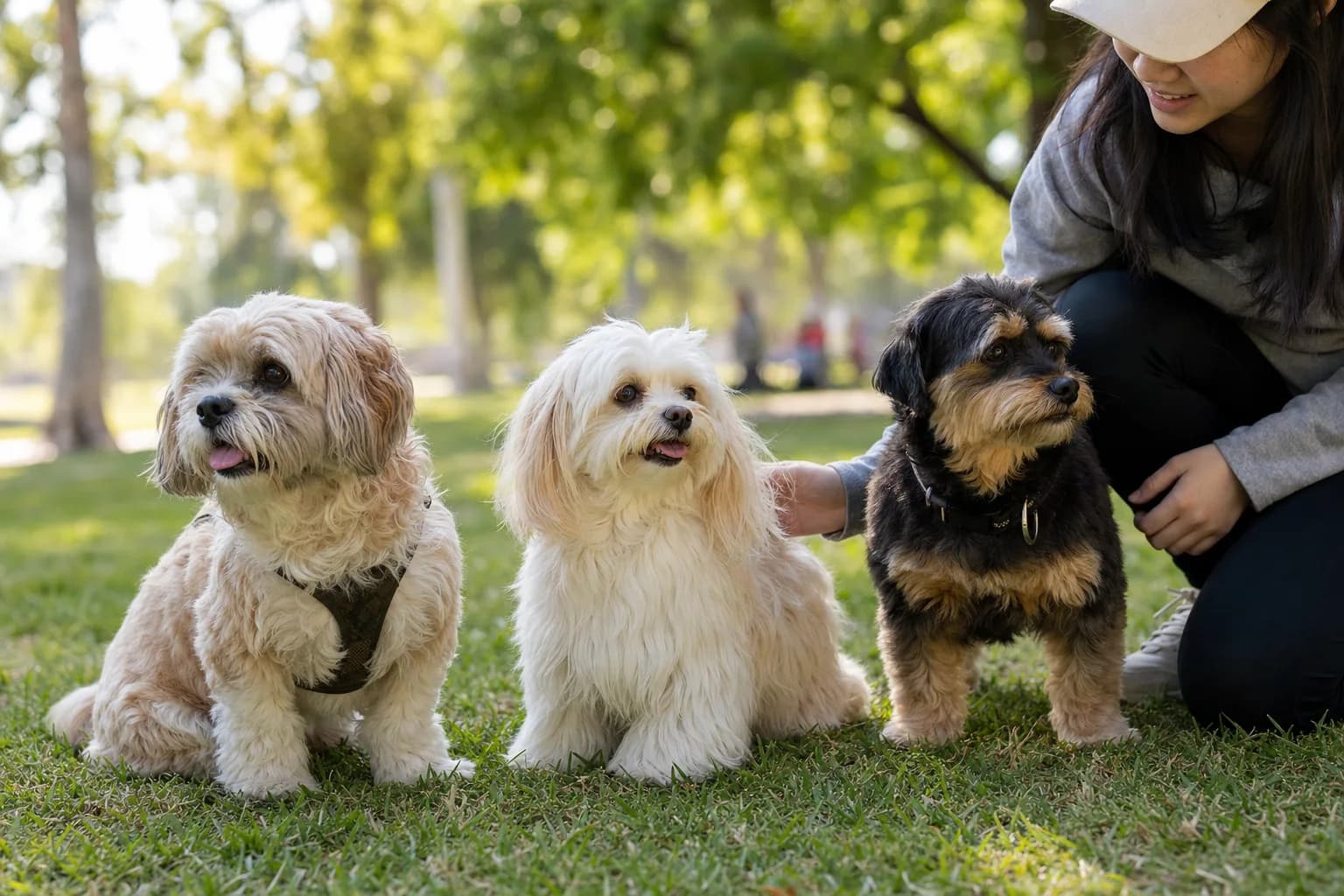 Three visibly different adult Shih Tzu mixes walking together naturally in a public park