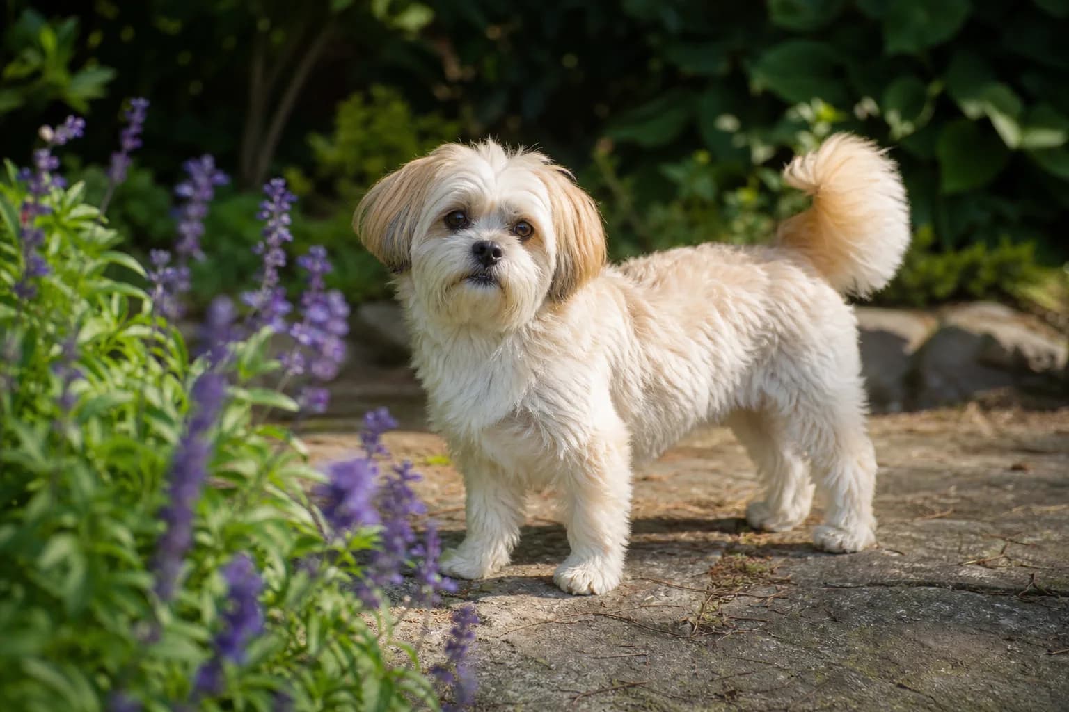 Cream Mal-Shi with silky coat and bright relaxed companion-dog expression