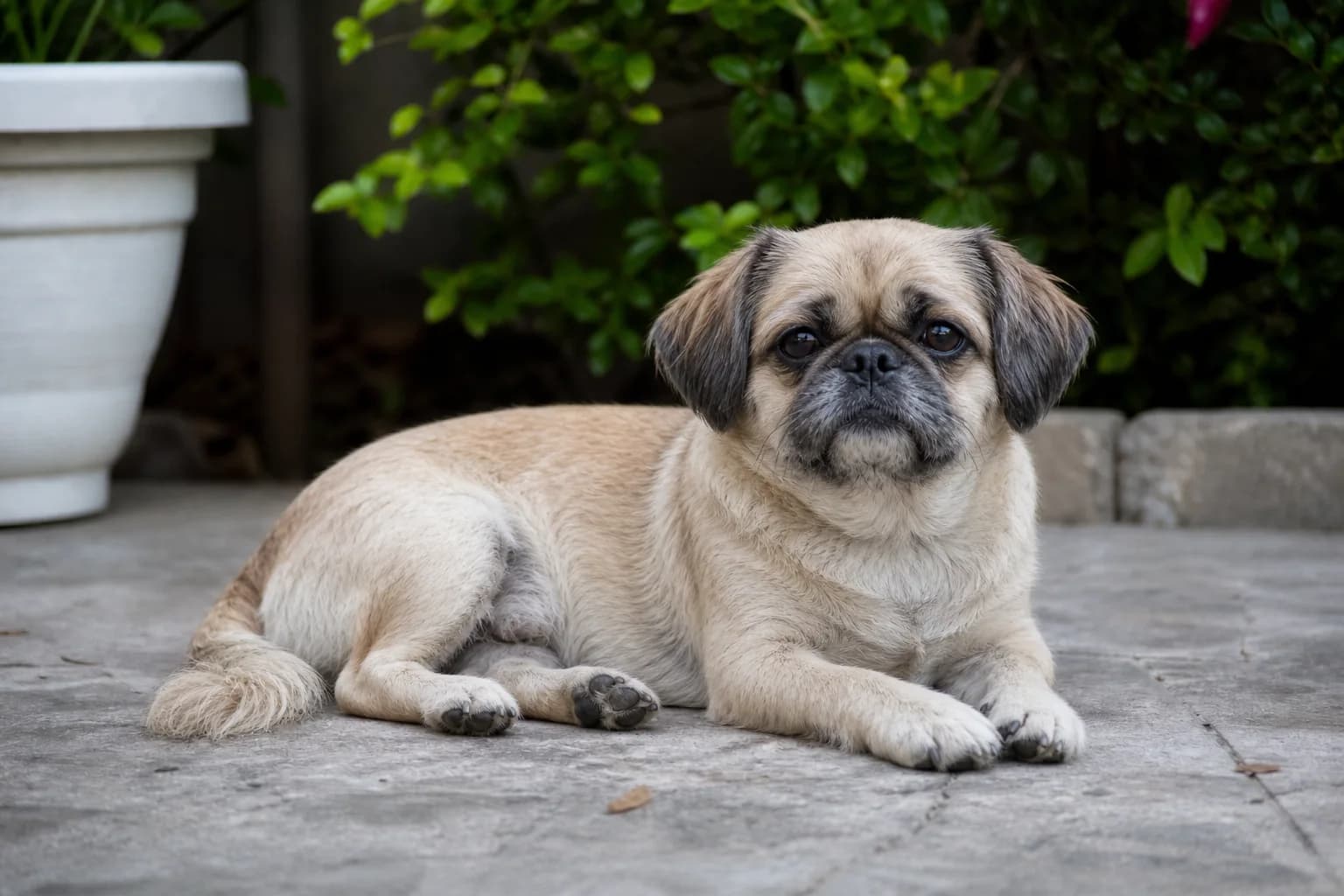 Adult Pug-Zu with moderate muzzle sturdy small-dog build and relaxed breathing outdoors