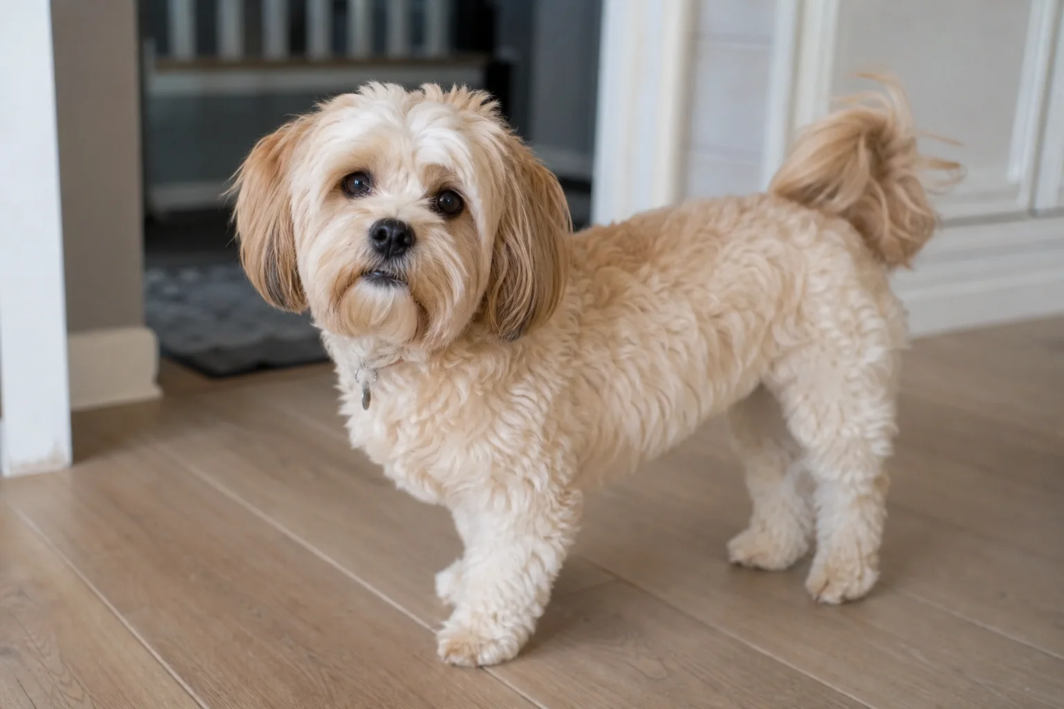 Realistic adult Shih-Poo with wavy coat and balanced small-dog proportions outdoors