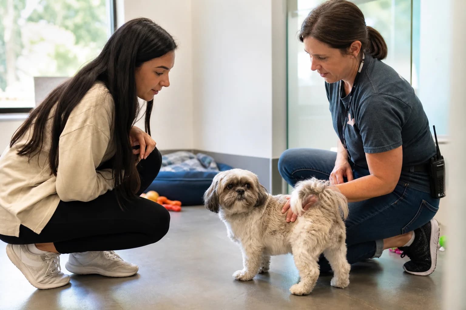 Adopter calmly evaluating an adult Shih Tzu mix with shelter staff in a quiet room