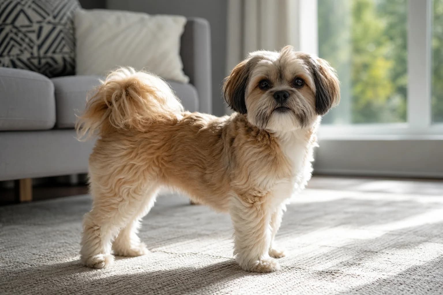 Fluffy adult Shiranian with plumed tail and compact body standing in natural light