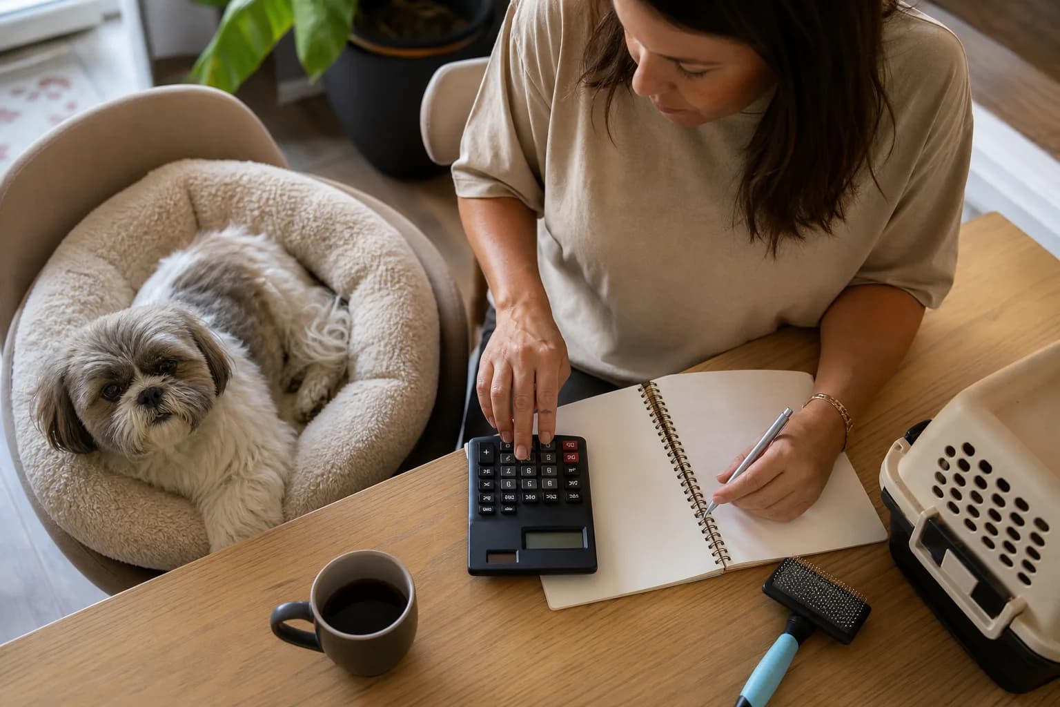 Shih Tzu owner building a realistic pet budget at a dining table with the dog nearby