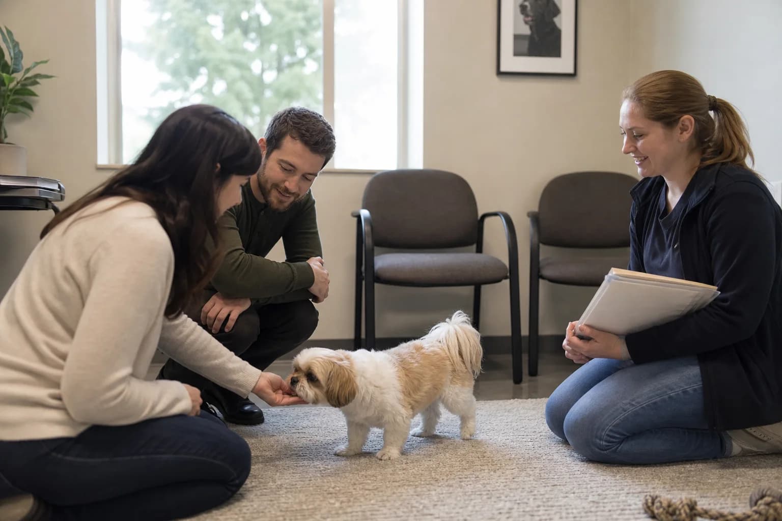 Family meeting a Shih Tzu through an adoption organization with records and counselor present